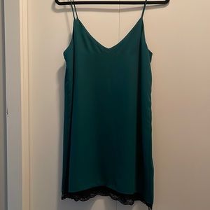 Forest green slip dress with lace trim